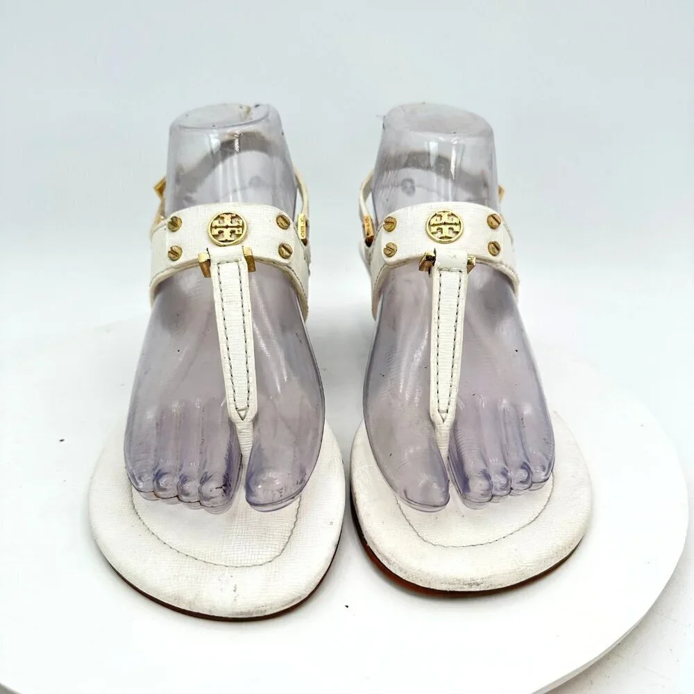 Tory Burch Women Size 8.5M White Leather Robinson T Strap Wedges Sandal